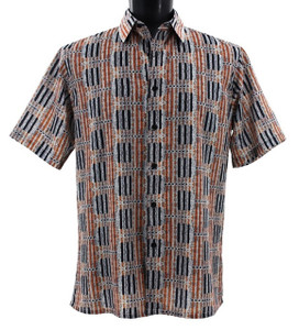 Bassiri Short Sleeve Camp Shirt - Abstract Line Design in Melon & Black